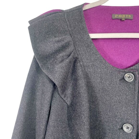 NWOT Vintage Ports 1961 Wool Cashmere Ruffle Coat Charcoal Gray Purple Womens 10 - Picture 6 of 15